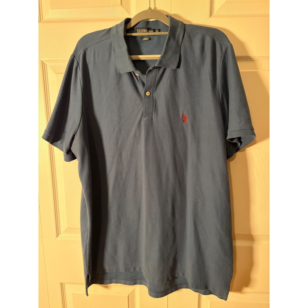 US Polo Assn Mens 2XL Blue Performance Pique Short Sleeve Polo Shirt Red Logo